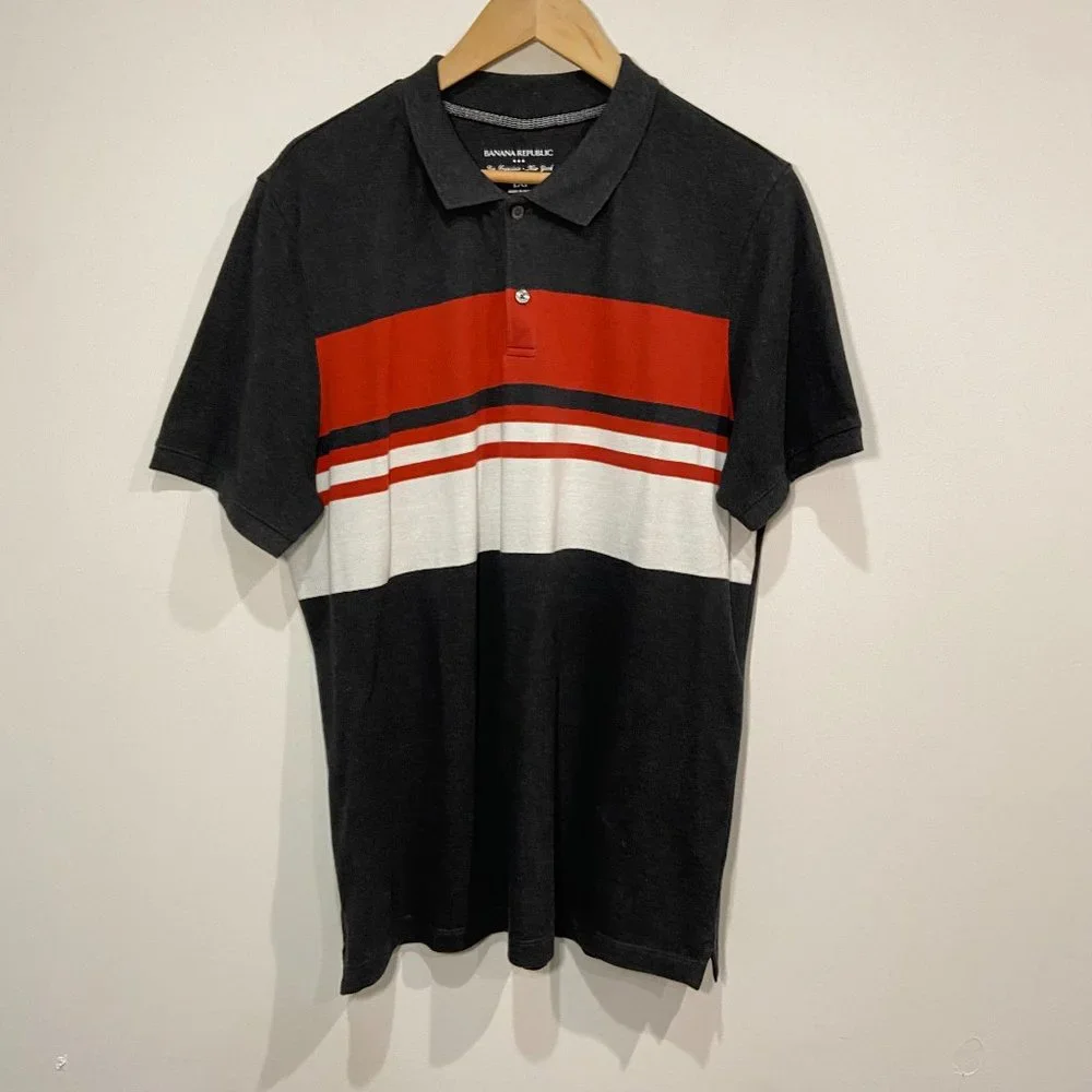 Banana Republic Mens Short Sleeve Polo Shirt Grey With Red & White Stripes Large